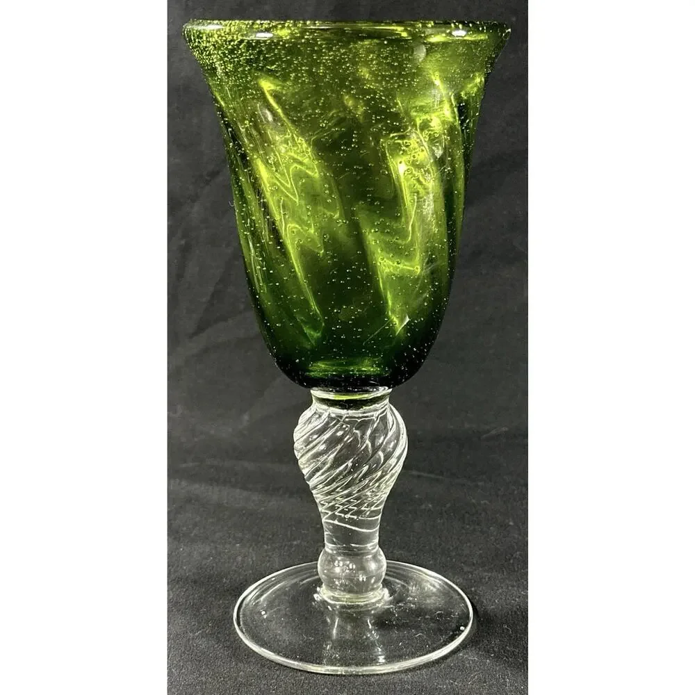Hand Blown Art Glass Goblet Green Bubble Bowl Clear Twisted Stem 7.5”